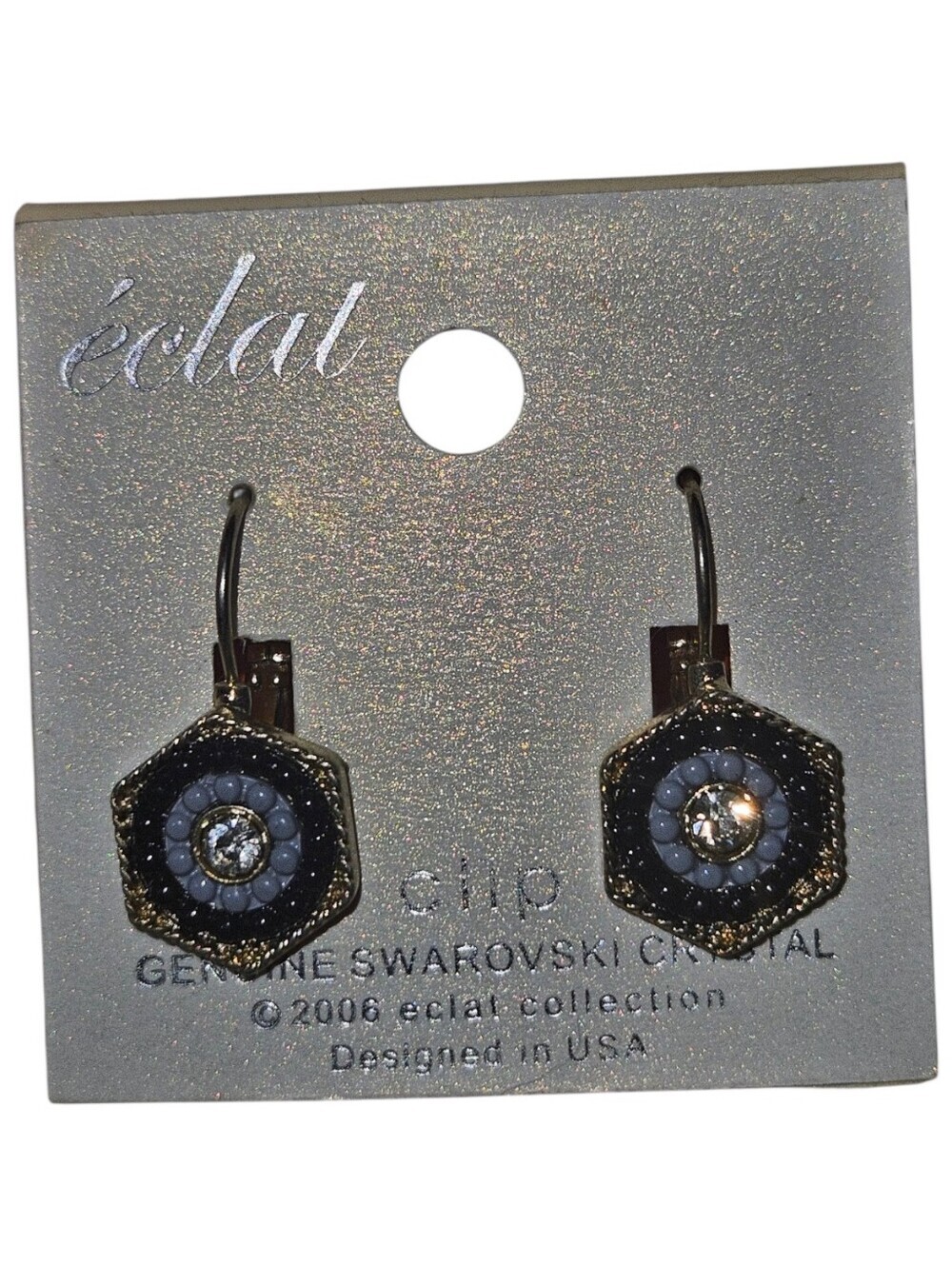 NWT Y2K Éclat 2006 Collection Swarovski Crystal Hexagon Clip Hook Earrings